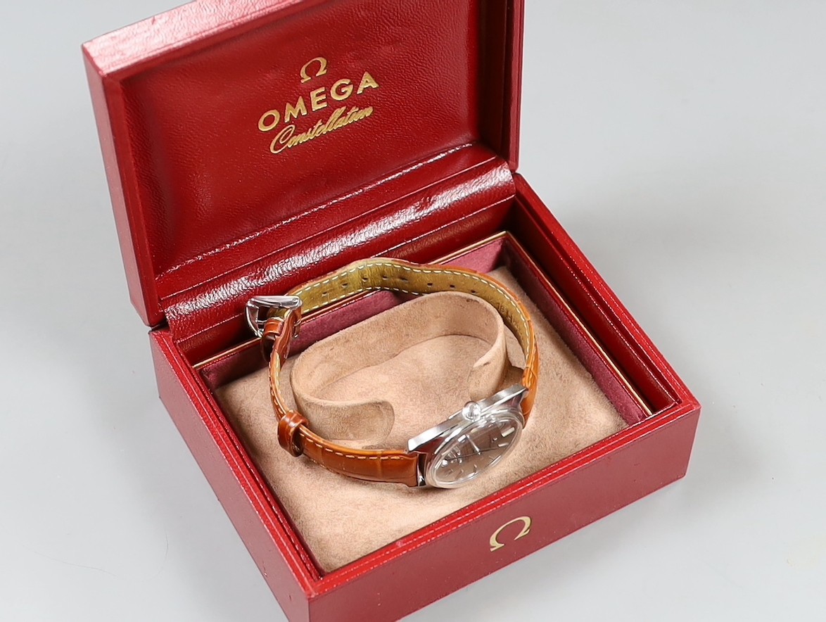 A gentleman's stainless steel Omega Constellation automatic wrist watch, with original box, on associated leather strap.